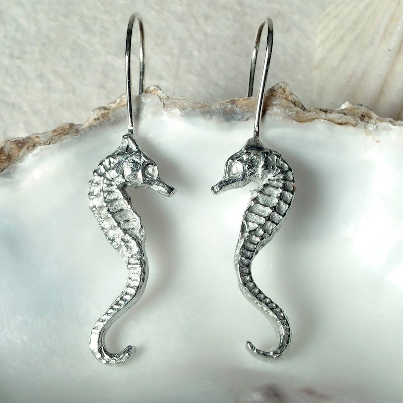 Glover Smith pewter and silver seahorse drop earrings FOLDE Dorset