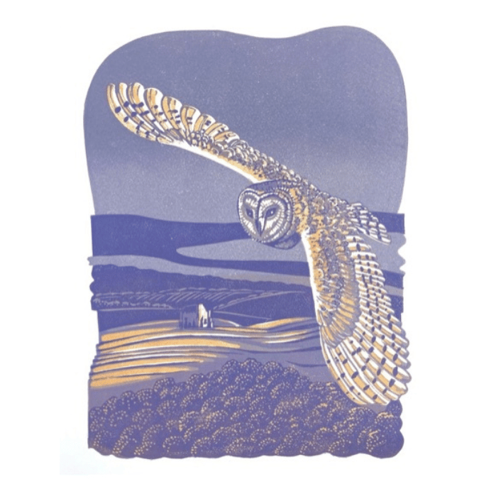 Rebecca Drury: Barn Owl Over Chesil limited edition reduction linoprint ...